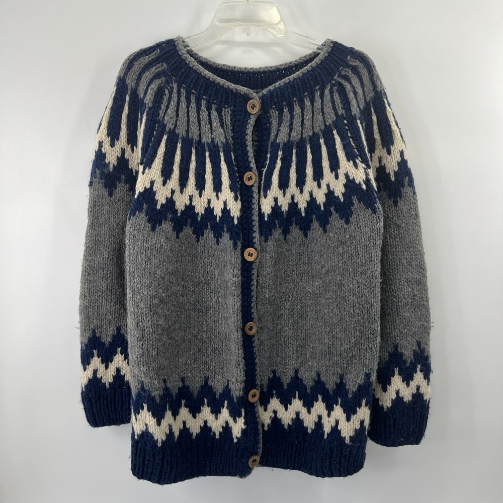 Greek Knitwear 100% Wool Sweater Cardigan Hand Made Sz M Nordic Fair Isle Chunky
